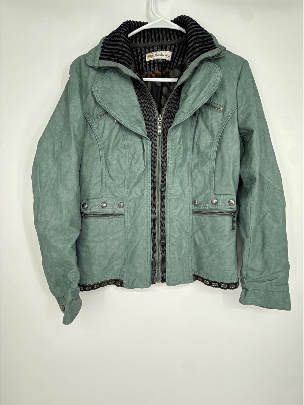 Montana Co Women's Medium Faux Leather Jacket with Knit Collar and Snap Details